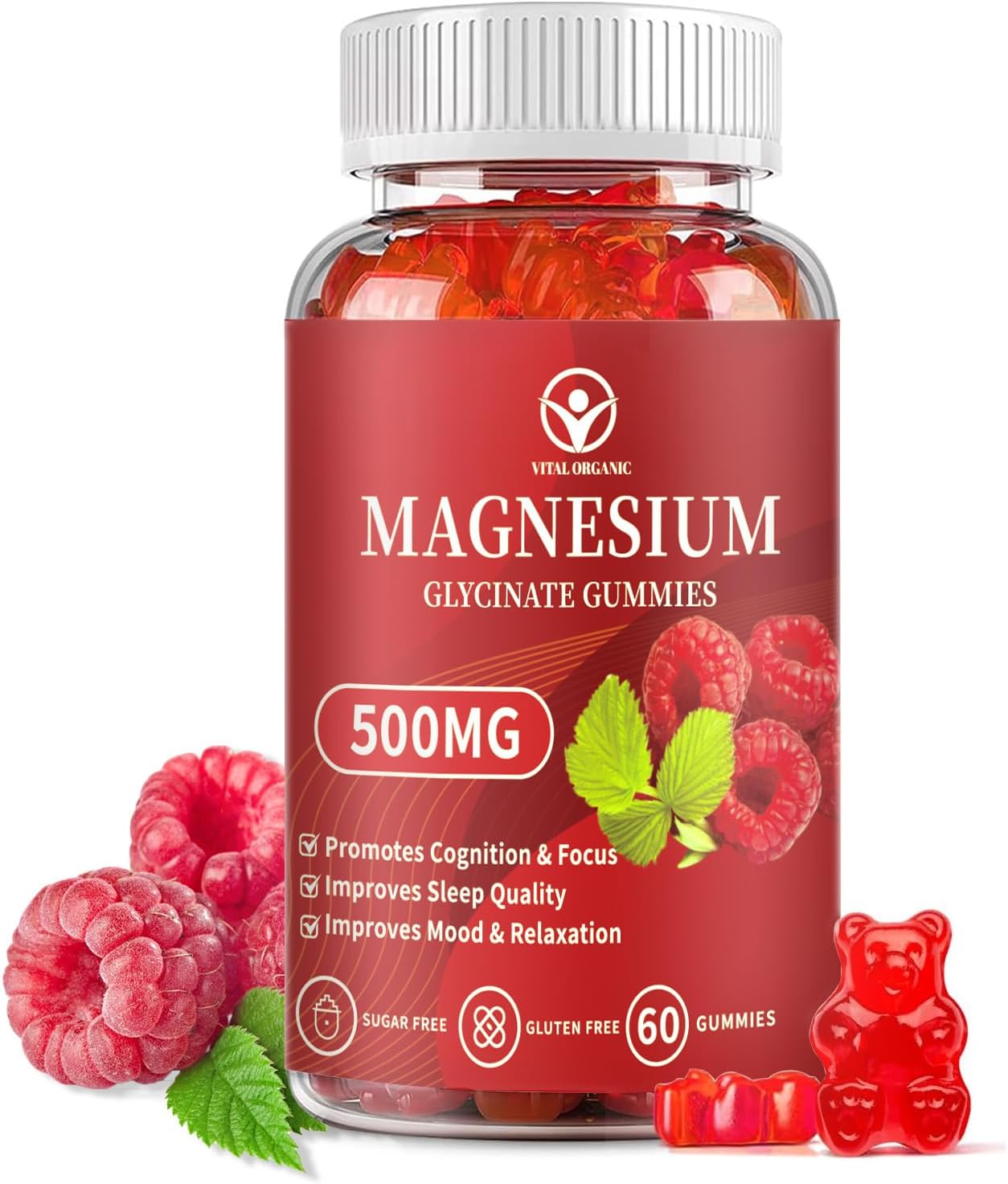 VitalOrganic Magnesium Glycinate Gummies 500mg - Sugar Free Chelated Magnesium Potassium Supplement with Vitamin D, B6, CoQ10 for Relaxation, Calm Mood & Sleep Support - 60 Raspberry Gummies