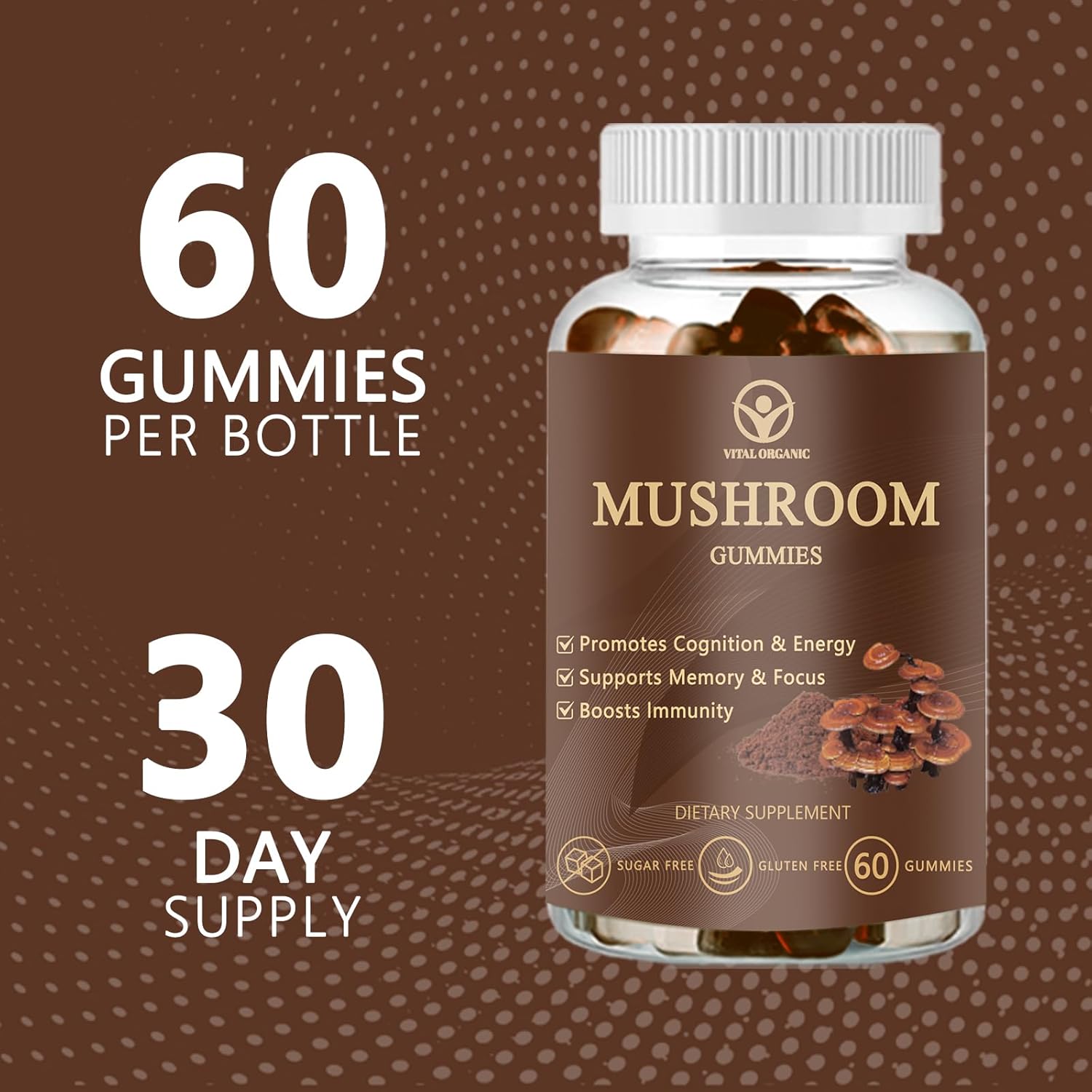 Mushrooms Complex Gummies with Mane Mushroom, Reishi, Cordyceps, Lion's Mane Mushroom Supplement, Nootropic Brain Supplements for Memory and Focus-60 Gummies