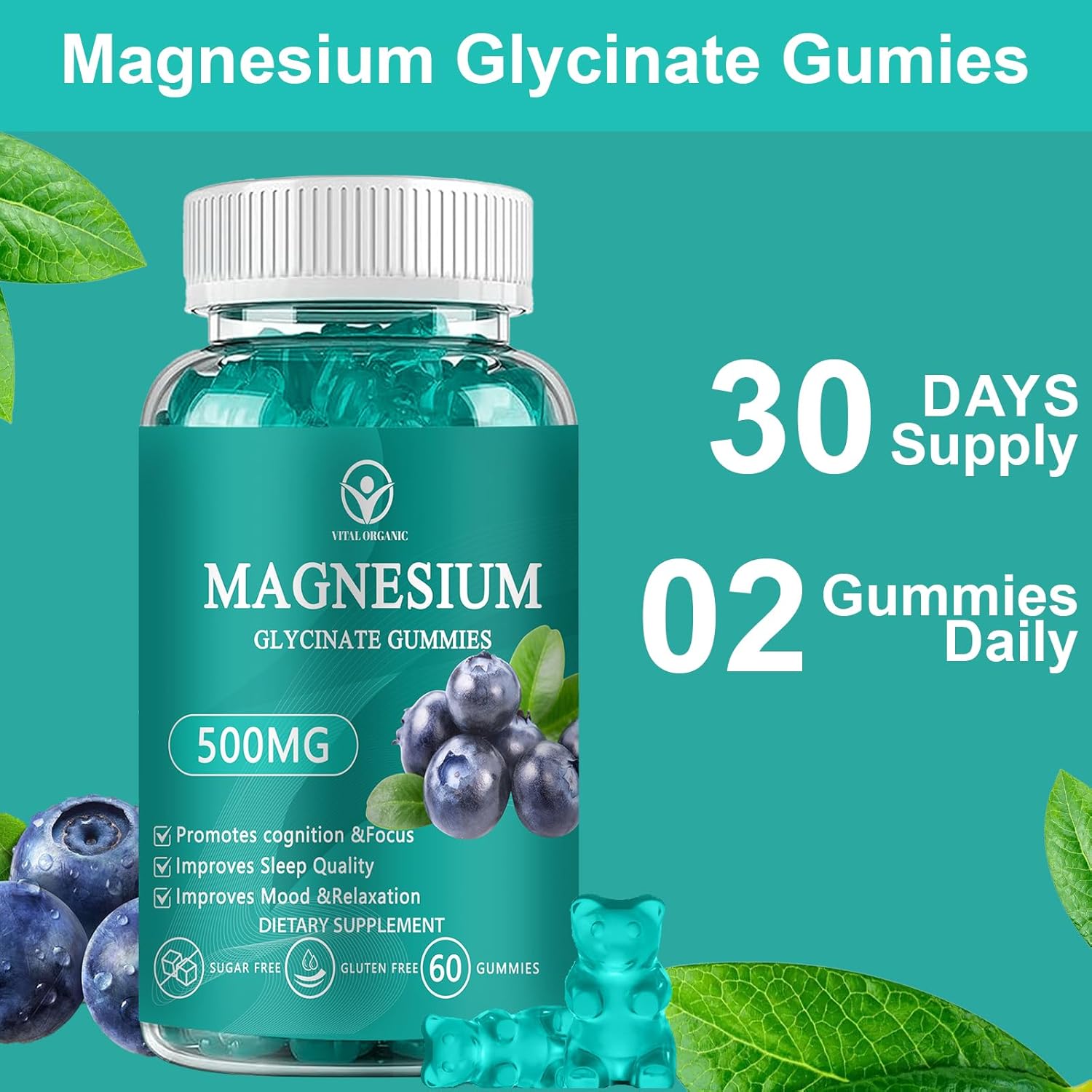 Magnesium Glycinate Gummies 500mg - Sugar Free Chelated Magnesium Potassium Supplement with Vitamin D, B6, CoQ10 for Relaxation, Calm Mood & Sleep Support